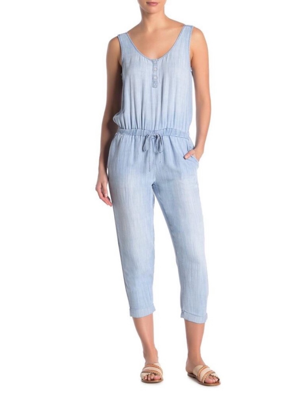 Cloth & Stone Womens Chambray Jumpsuit Size S Blue Tencel V Neck Capri Summer